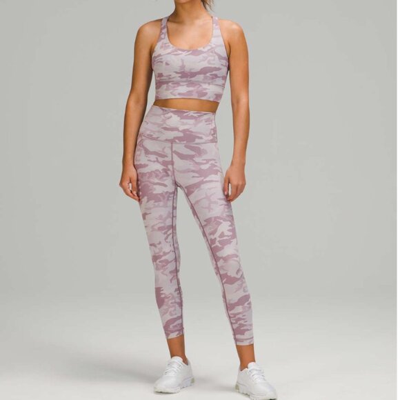 Lululemon PINK PURPLE CAMO LUXTREME RIBBED SET Energy Bra Long Line + Leggings 4 - Picture 1 of 15